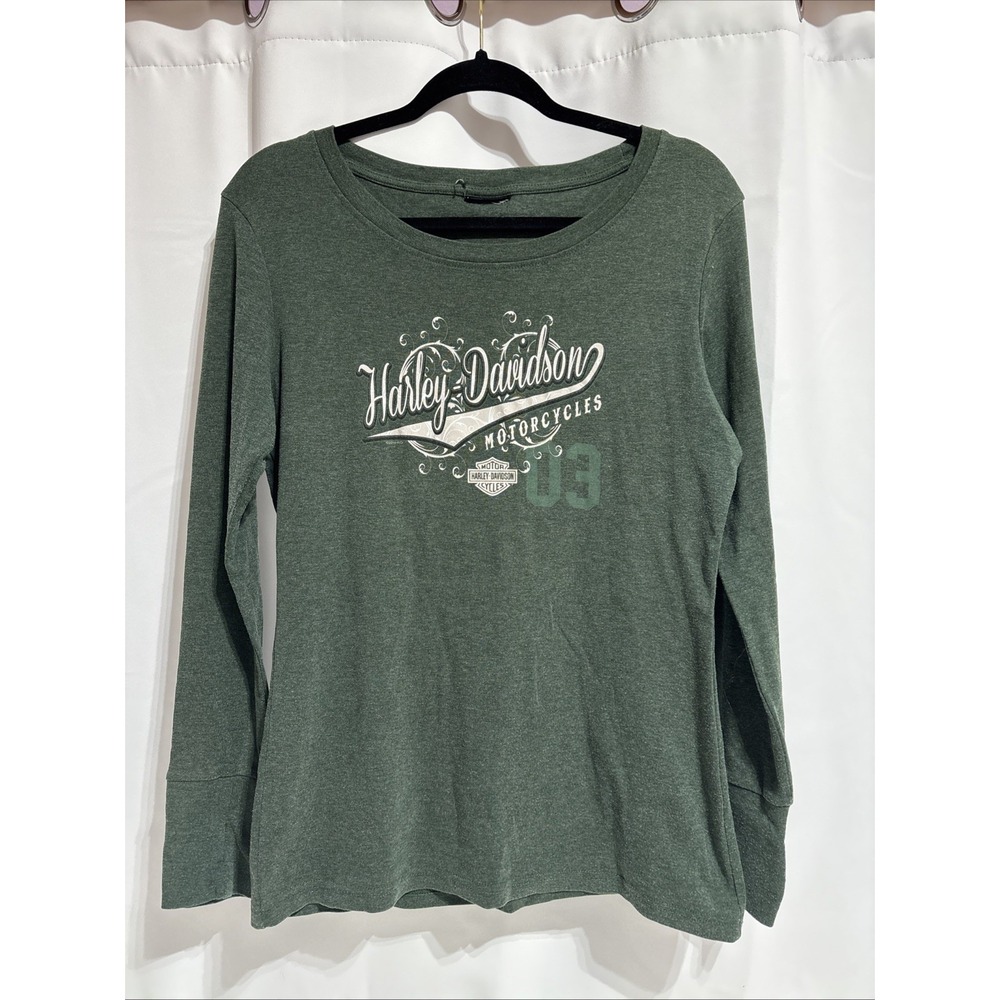 Women's Harley Davidson shirt green W/long sleeves Burlington, IA Finger Holes‎
